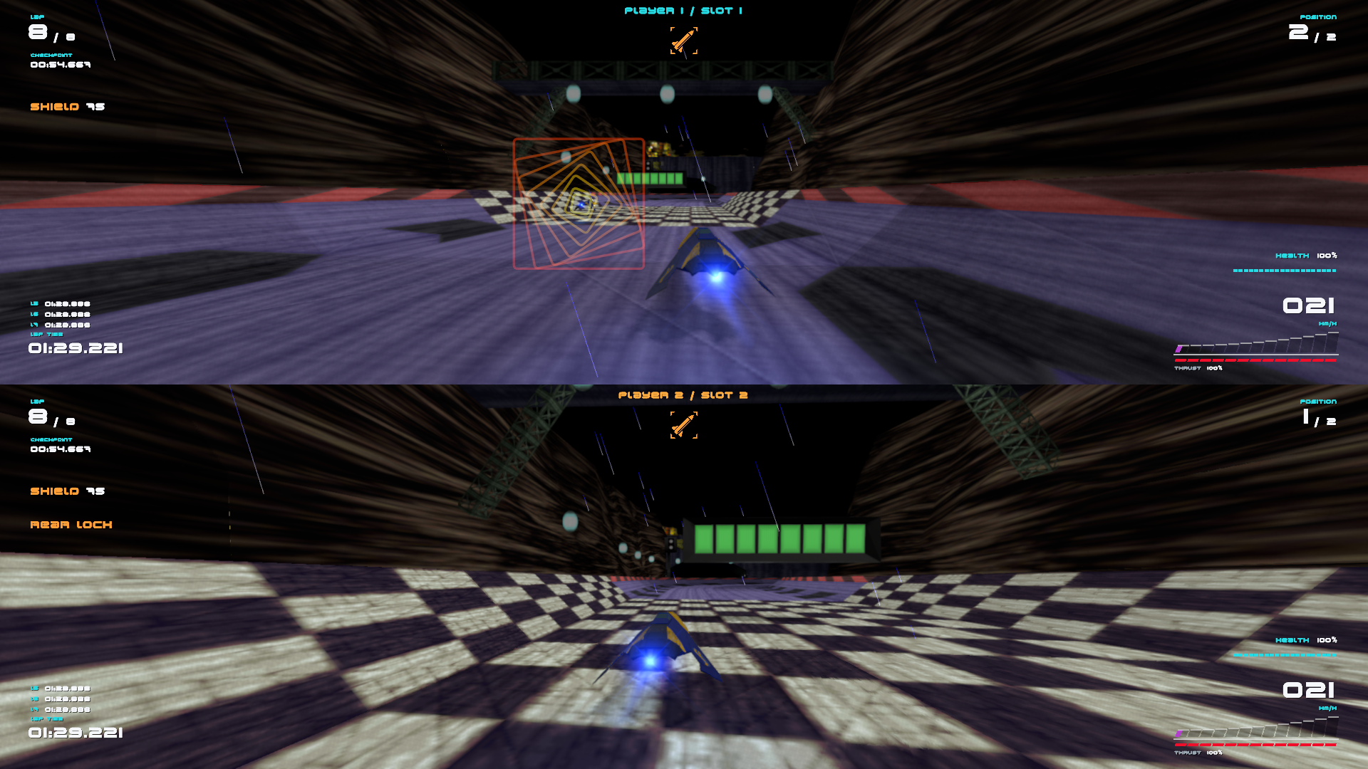 Two-player XL split-screen showing independent weapon and shield status in a controlled HUD review.