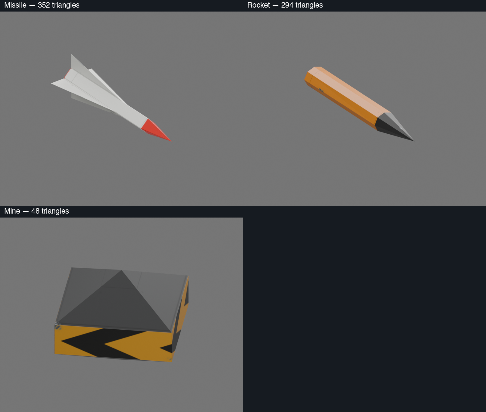 Low-poly missile, rocket and mine Blender renders