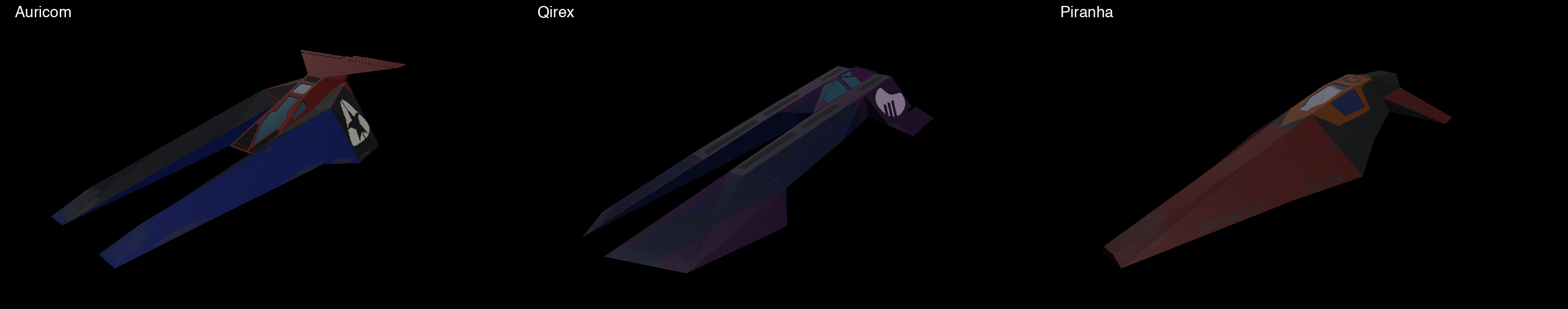 Auricom, Qirex and Piranha in fresh native model-viewer captures.