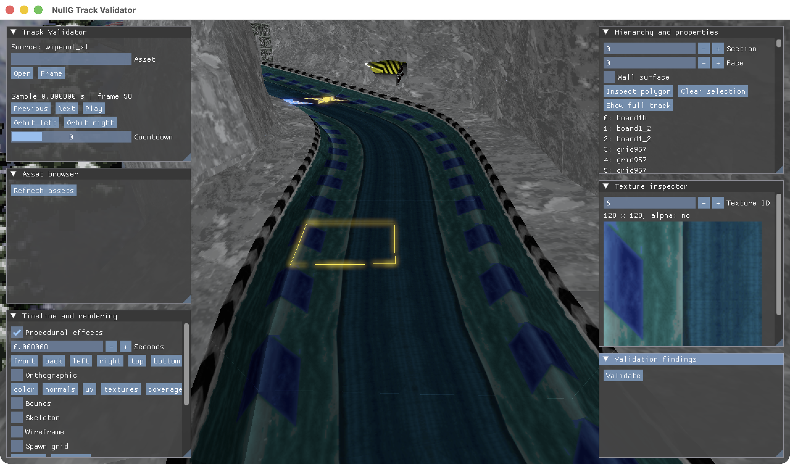 The native Track Validator showing track geometry and inspection controls during a fresh capture session.