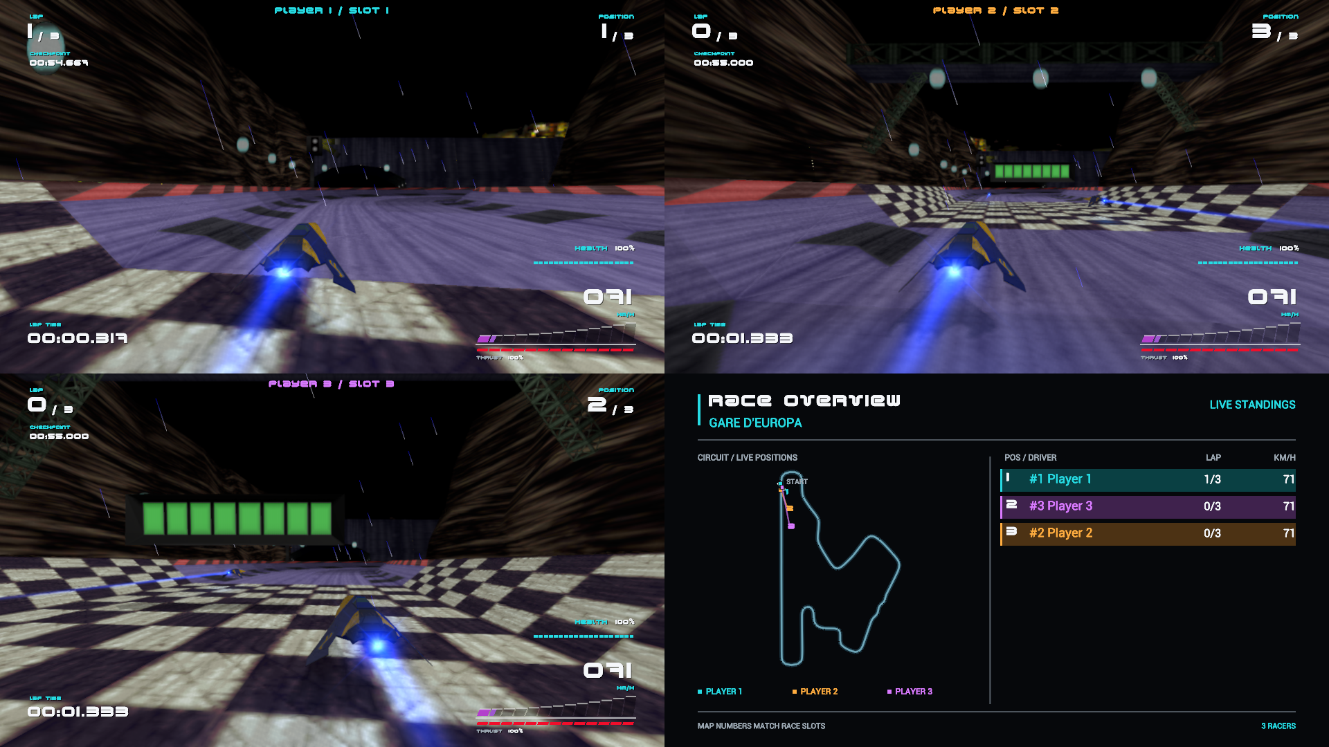 Three-player XL split-screen with a live circuit map and standings in the fourth quadrant.