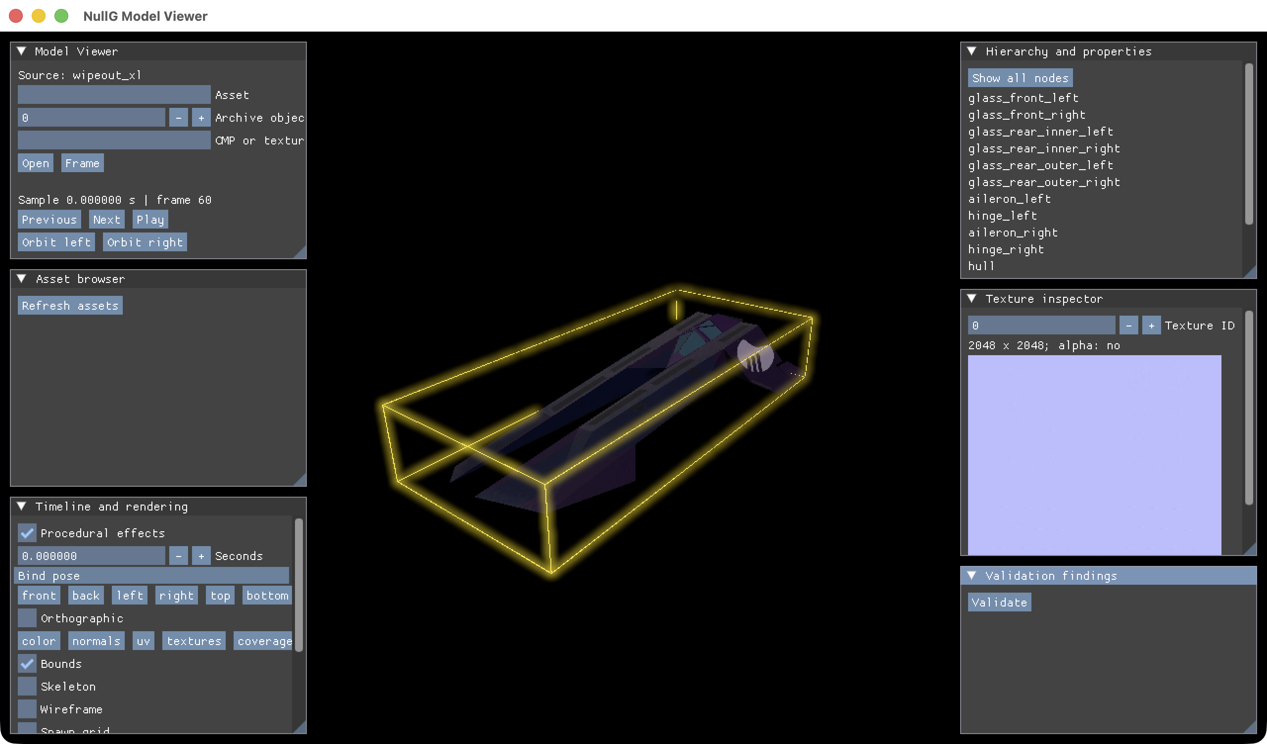 The native Model Viewer inspecting the rebuilt Qirex with bounds and control-surface hierarchy visible.