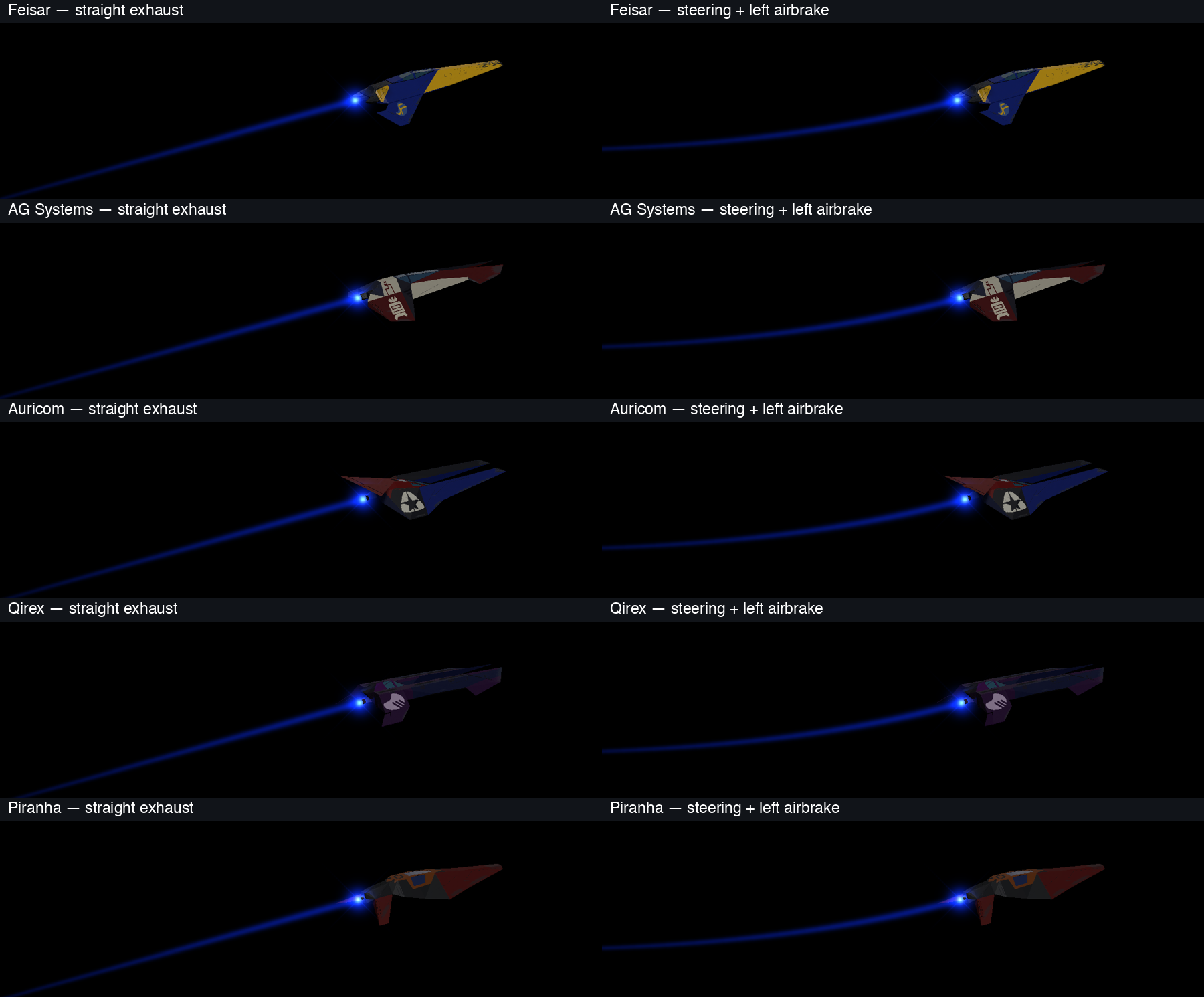 All five XL ships with blue engine flares, straight and curved exhaust trails, and control-surface poses