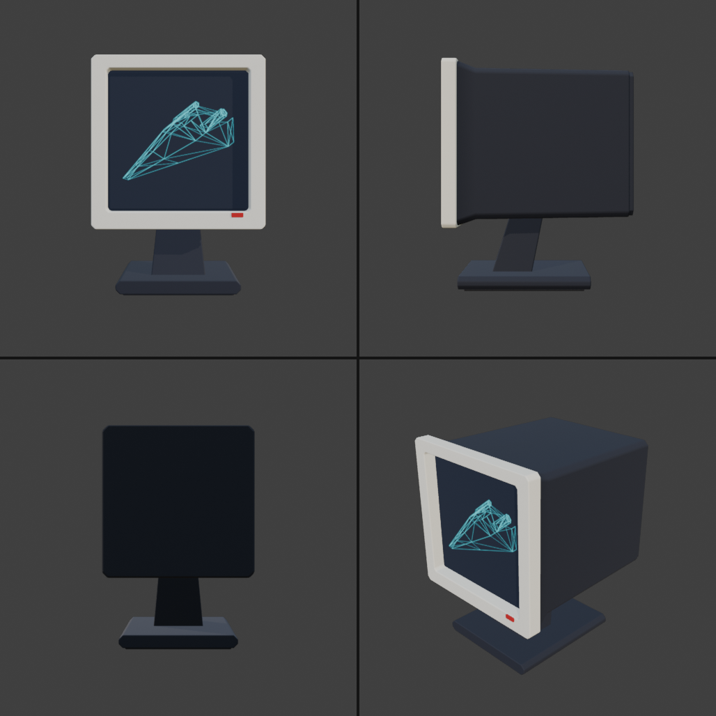 Four Blender review renders of the original monitor-shaped Graphics menu model