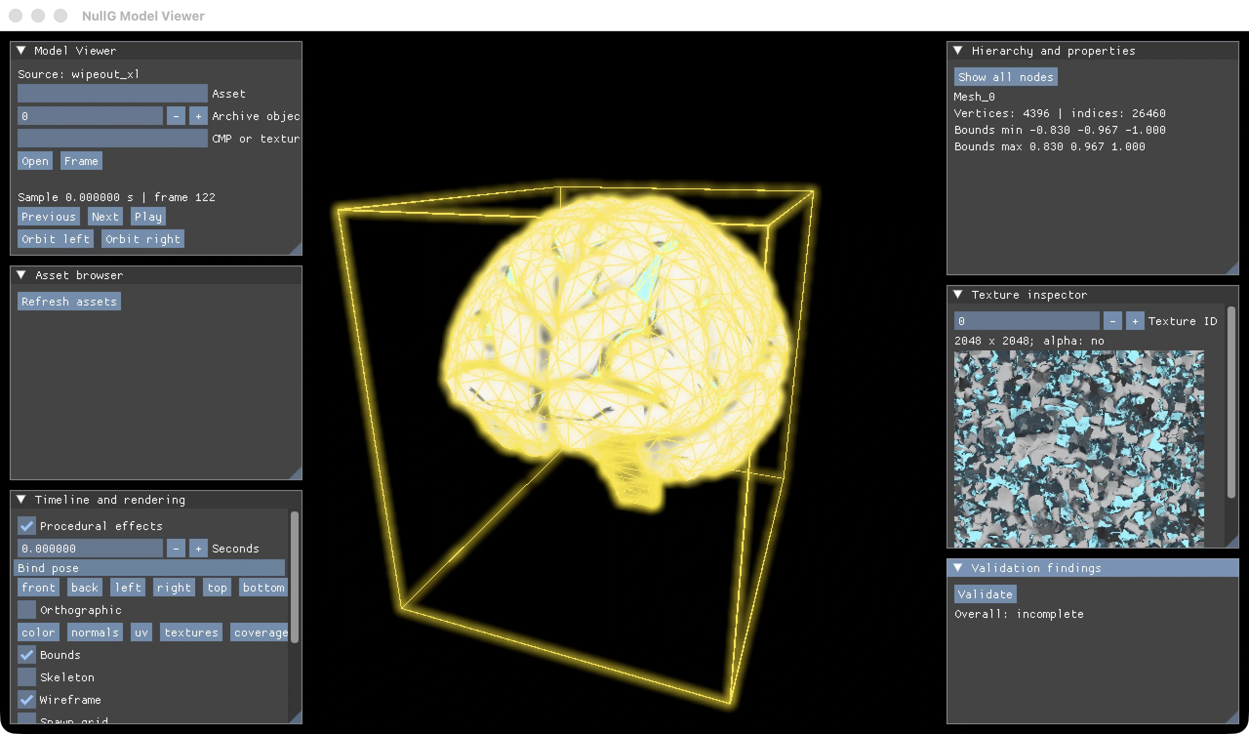 NullG model wireframe and bounds inspection