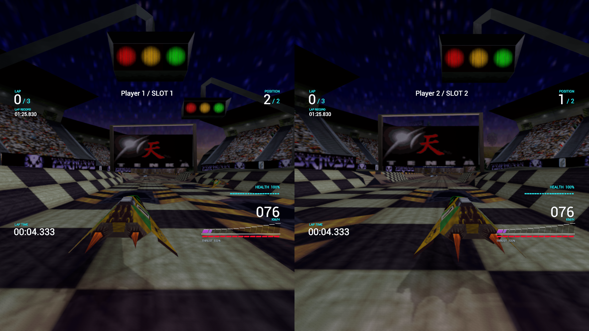 Two-player vertical split-screen racing in NullG
